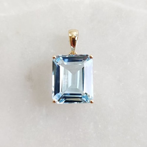 Natural Aquamarine Pendant, Emerald Cut Sky Blue BirthdayPendant with free Chain
