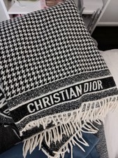 Christian Dior Wool Oblique Throw Blanket Navy White Fringe Ends 55” L x 55” W