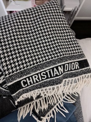 CHRISTIAN DIOR オブリーク ブランケット Christian Dior Wool Oblique Throw Blanket Navy White Fringe Ends