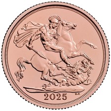 2025 Gold Sovereign, Queen Elizabeth II, 22 carat gold full sovereign.