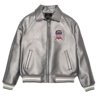 Men's Avirex Bomber Jacket Silver USA American Cowhide Bomber