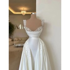 White Satin Pearls Wedding Dress Mermaid Bead with Detachable Skirt Bridal Gowns