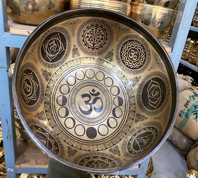 10 Inches OM Singing Bowl - Flower of Life Carving -Sound Energy Healing, Chakra