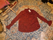BNWT Womens H&M Satin Blouse UK Size 10-12 Red Leopard Print Long Sleeve