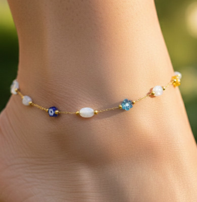 Elegant Gold Color Floral Anklet 18K Gold Plated Designer Beaded Anklet For Her