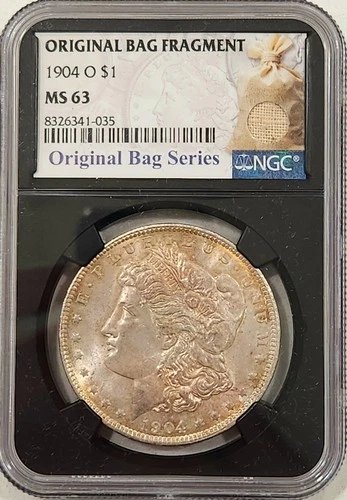 1904-O Morgan Dollar NGC MS63 Original Bag Fragment Label Lightly Toned Obv