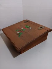 VTG Hand Painted Strawberry Folk Art Pine Wooden Box 13" X 12"" Beveled Top Edge