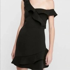 Express Black Asymmetrical Off-The-Shoulder Ruffle Mini Dress Sz XS Cocktail