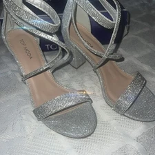 Top Moda Sz 8 “rosa66” Silver Rhinestone Ankle Straps Heel Open Toe Block Heel 