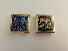 2 Small Vintage Floral CLOISONNÉ PILL Boxes Hinged Lid Divider Austria