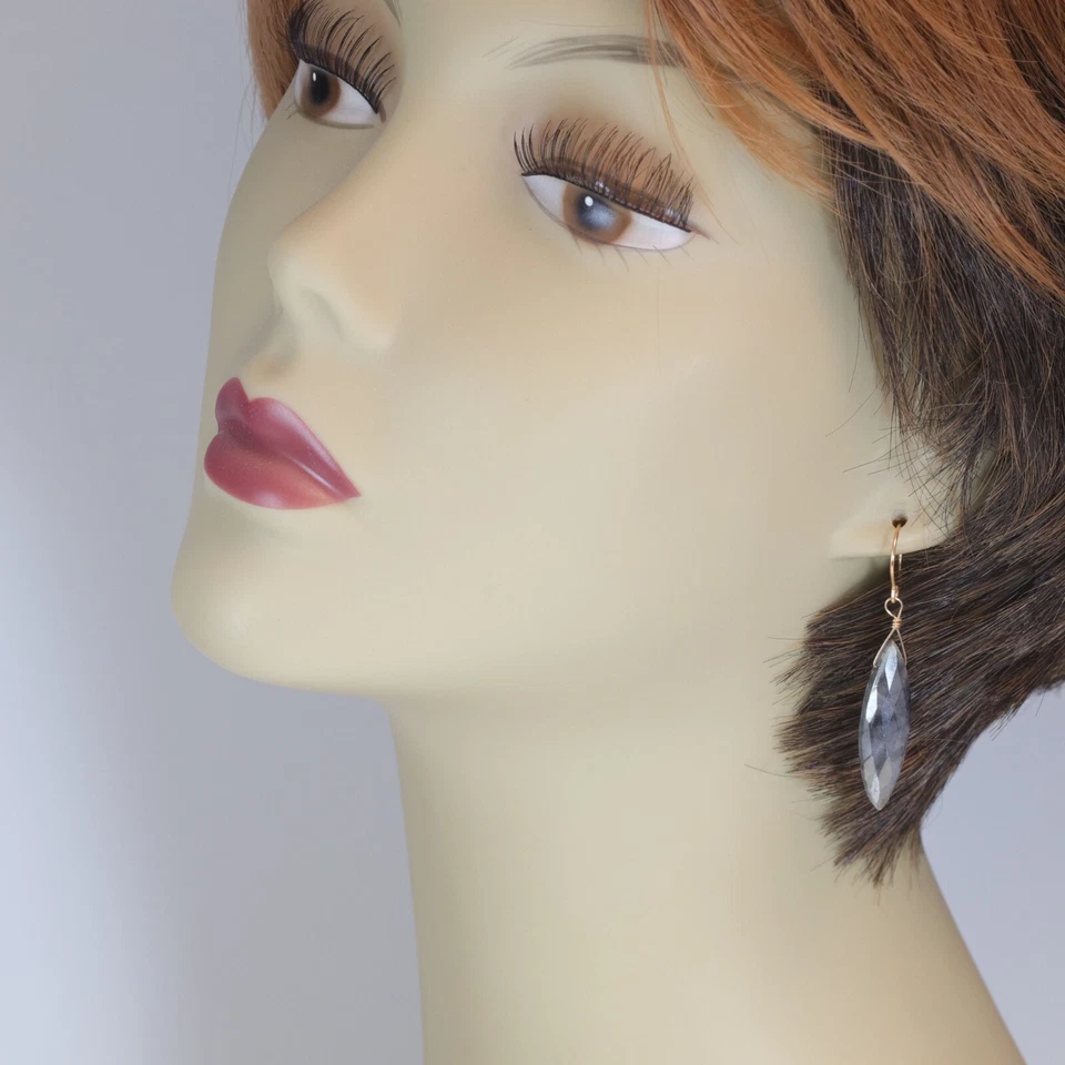 Pendientes de piedra lunar gris gotas marquesa plata de ley oro amarillo macizo de 14 k Foto 3 de 4