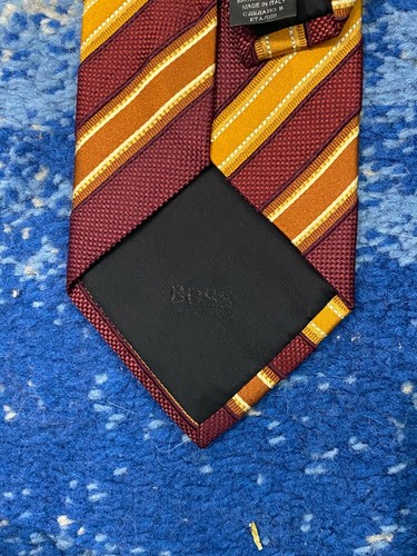 Corbata Hugo Boss Borgoña Óxido Cobre Dorado Púrpura Plata Sesgado Rayas Italia - Imagen 5 de 5