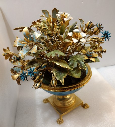 Enameled Flower Bouquet Tipped In Real Gold Labeled Italy Enameled Metal Aqua - Picture 7 of 11
