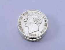 Handmade 1885 Spanish Coin 5 Pesetas 925 Sterling Silver 1 1/2" Ring Box F. Vera