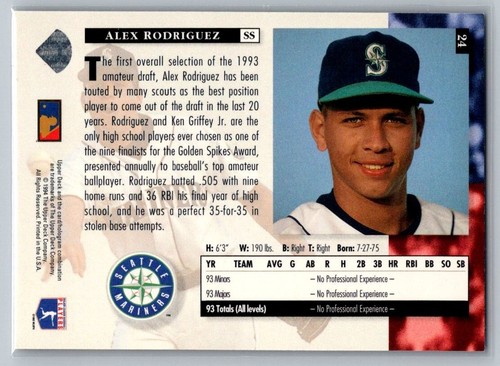 Alex Rodriguez 1994 Upper Deck Star Rookies RC #24 - Picture 2 of 2
