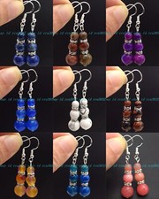 6-8-10mm Sorts of Natural Gemstone Round Beads Drop Dangle Silver Hook Earrings