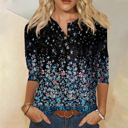 3/4 Length Sleeve Womens Tops Casual Loose Fit V-neck Shirts Floral Tunic Tops - Picture 14 of 51