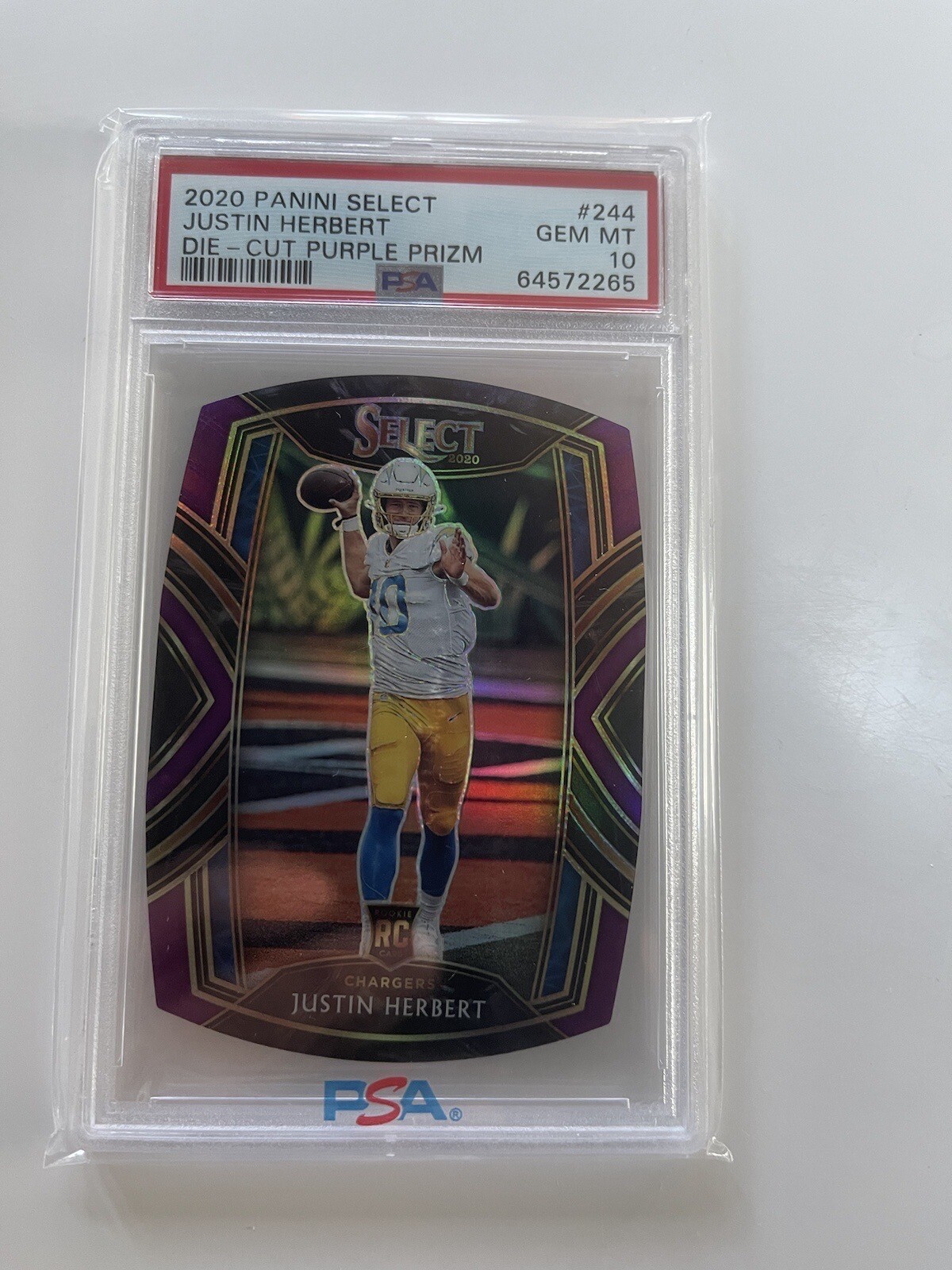 JUSTIN HERBERT 2020 PANINI SELECT #244 CLUB LEVEL DIE CUT PURPLE PRIZM RC PSA 10