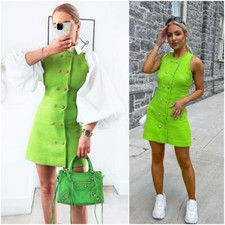 ZARA NEON GREEN TEXTURED WEAVE SLEEVELESS DRESS WITH DECORATIVE BUTTONS SIZE M