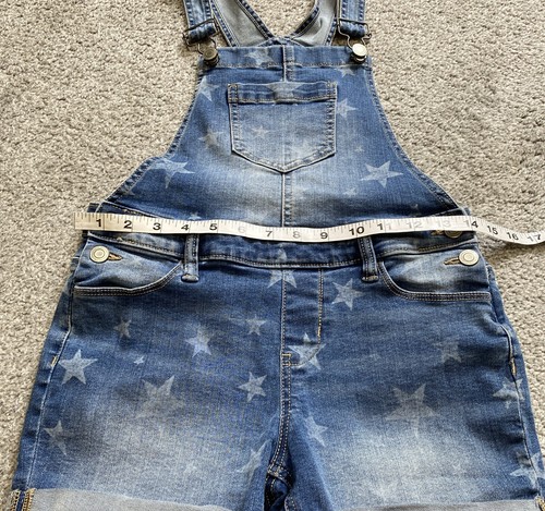 SO Girls Sz 12 Blue Jean Overalls Shorts Stars Front Pocket Cuffed Denim - Picture 5 of 10