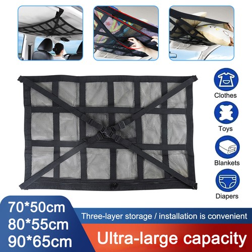 Auto Car Interior Ceiling Cargo Net Roof Storage Bag Double-Layer Mesh 35"x25"