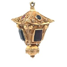 18k Lantern Fob Pendant Yellow Gold Multicolor Gems Vintage