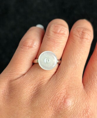 Adjustable Ring, Highly Icy White Donut Jadeite Jade S925 Silver Ring