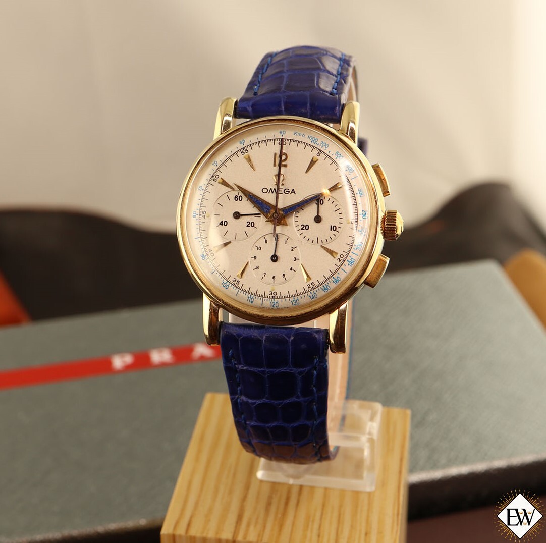 1949 Vintage Omega 2439 Chronograph 14K Gold Cal 321 Box Blue Art