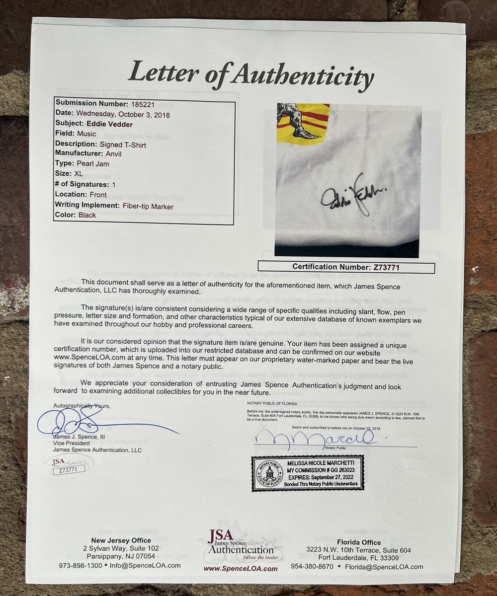 Eddie Vedder Signed Yield Tour Shirt 1998 - JSA LOA COA