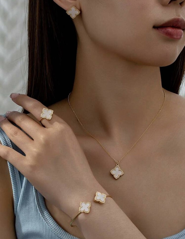 Clover Jewelry Set with Necklace, Cuff Bangle, Acrylic Ring & Earrings
