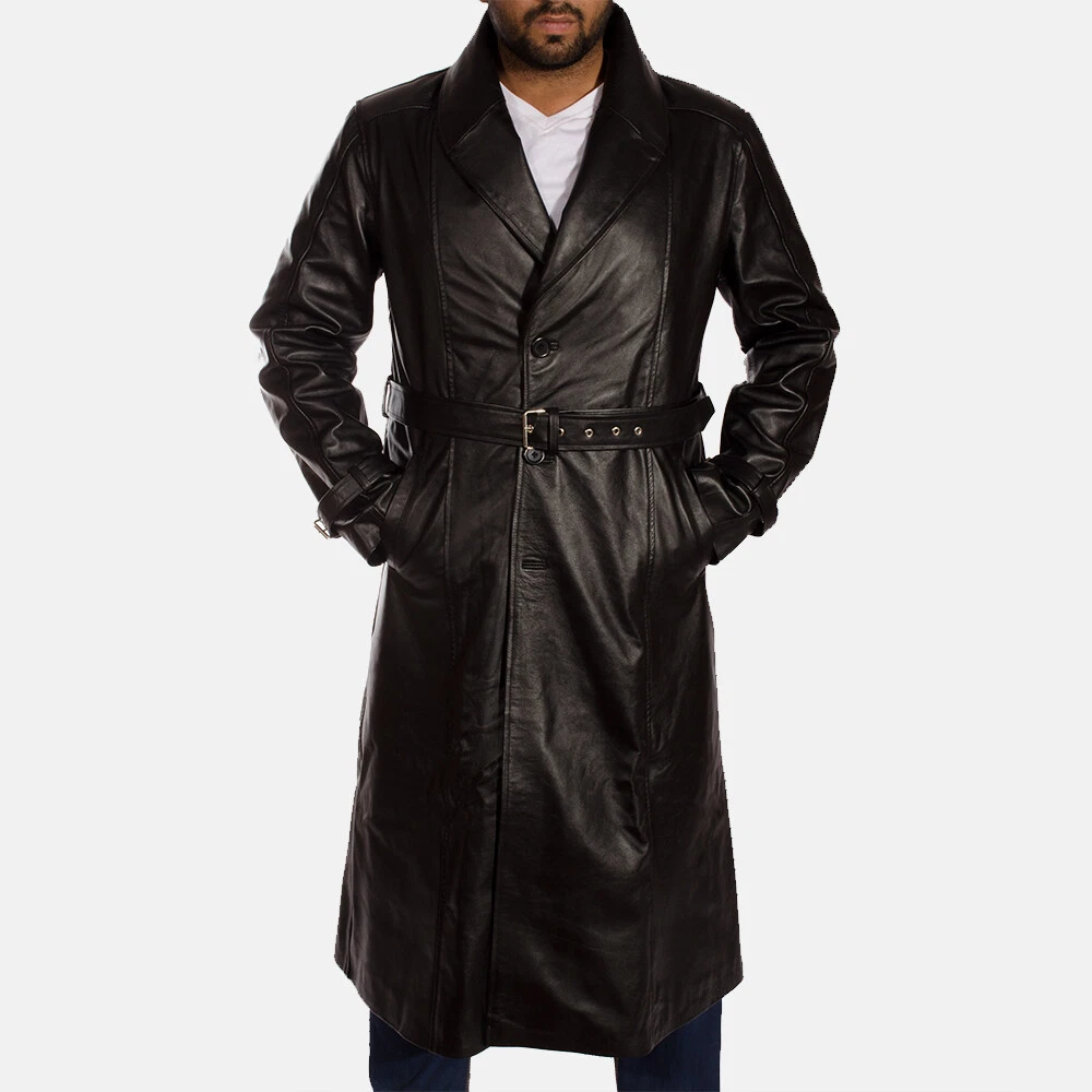 Mens Leather Trench Coat Lambskin Overcoat Black Party Wear Winter Jacket Soft