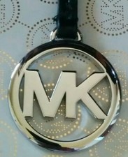 New Michael Kors MK Silver Charm With Black Genuine Leather Strap Handbag Fob