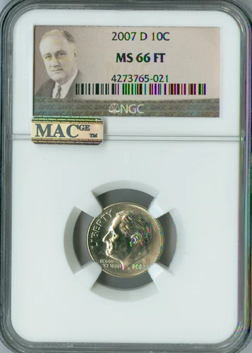 2007 D ROOSEVELT LOGO DIME NGC MS66 FT PQ BUSINESS STRIKE MAC SPOTLESS .