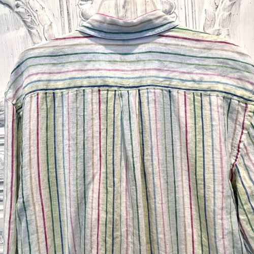 Alan Flusser Linen Shirt Mens Medium Green Pink Long Sleeve Button Up Striped - Picture 7 of 11