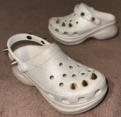 Crocs Classic Bae Glitter Stud Platform Clog Womens Size 6 White