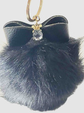 NWOT Black Fluffy Faux Fur Keychain Key Ring Purse Charm Pom Pom Bow Rhinestone