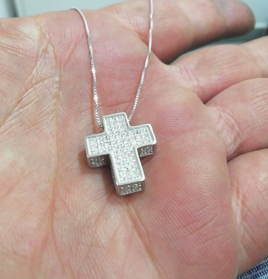 COLLANA CON CROCE SCATOLATA IN ARGENTO 925 DONNA CON ZIRCONI BIANCHI - Immagine 4 di 4