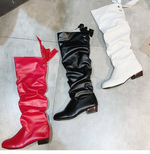 Woman Knee High Boots Black White Tall Boots Woman Pleated Low Heel Red Shoes - Picture 10 of 14