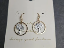 Two Tone Metal Tree of Life Earrings Jewelry Goldtone Ring Silvertone Tree NWT
