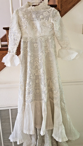 Mujeres Niñas Antiguo Vestido de Boda Cuentas Tren Vestido Sin Acabado Seda Talla XS 30" - Imagen 2 de 18