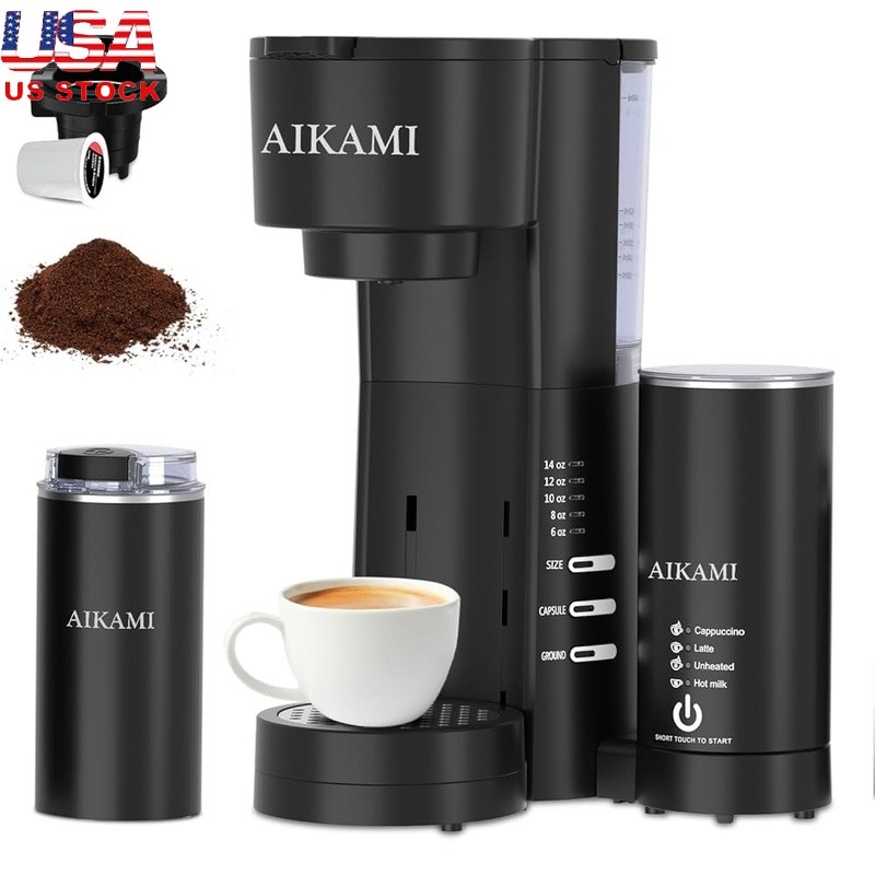 W/ Grinder & Milk Frother Self Clean Quick Brew Ground Pod New