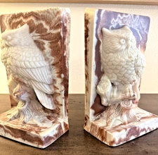UNIQUE & RARE Heavy Owl Bookends / Chalkware OR Albaster (unsure) 7 1/2" Tall