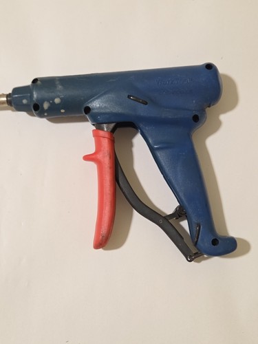 Blue vintage SqueezeDriver™ by WorkTools Inc., USA made, with red textured grip and black metal base on white background.