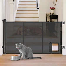 Reinforced 60” Wide Retractable Baby Gate with Cat Door 33” Tall Retractable Pet