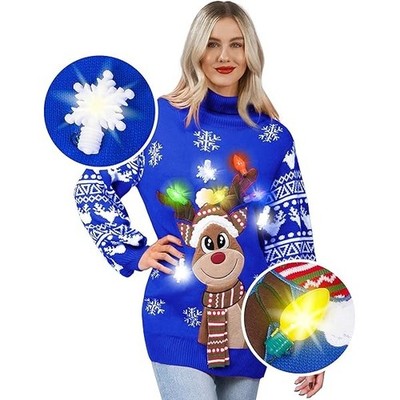 Adult LED Light Up Christmas Ugly Sweater with Light Bulbs, Blue Reindeer Small