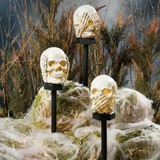 Set of 3 Solar Lighted Halloween Hear, See  Speak No Evil Skull Path Stakes