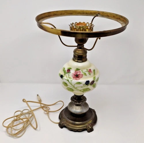 Vintage Hurricane Gone with the Wind Floral Milk Glass Parlor Table Lamp Painted