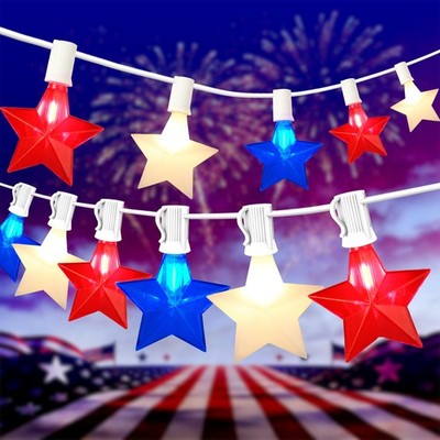 Adirxon 50FT 25-Light Patriotic Star Red White and Blue LED Star Lights