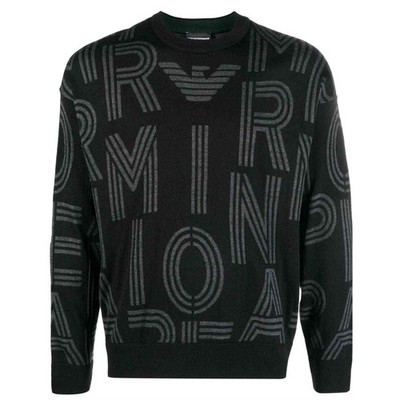 Emporio Armani Men's Wool Blend Logo Pullover Sweater Black Grey 7V1MXK Size XL