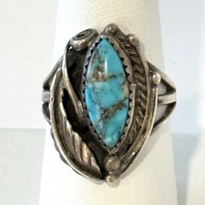 Vintage Navajo Sterling Silver Native American Turquoise Ring Size 8 Leaf Floral